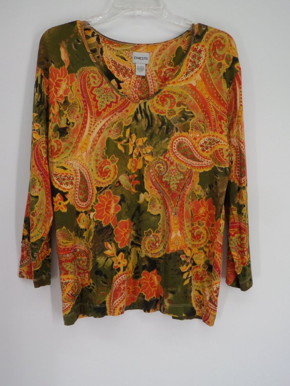 Chico's  Women's 3/4 Sleeve Fall Paisley Multi Color Print Top  Size 2 US L